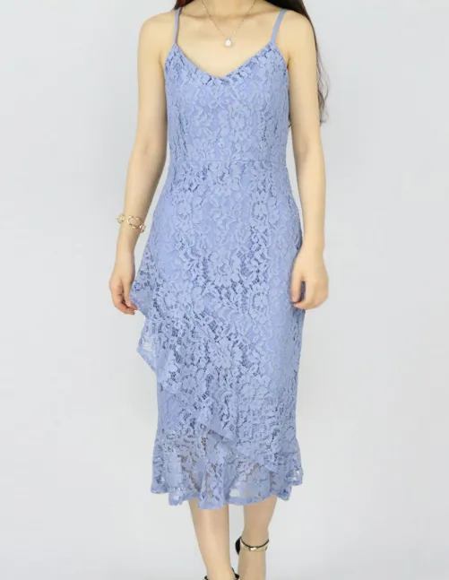 Women A Line Lace V-Neck Cocktail Party Midi Skirt Spaghetti Strap Dress