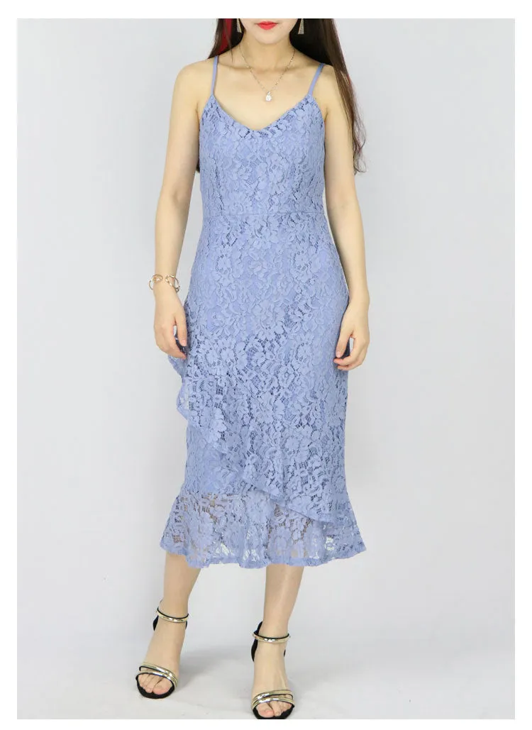 Women A Line Lace V-Neck Cocktail Party Midi Skirt Spaghetti Strap Dress