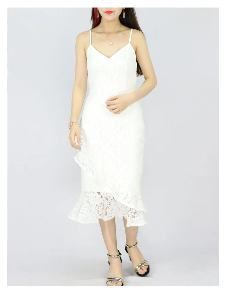 Women A Line Lace V-Neck Cocktail Party Midi Skirt Spaghetti Strap Dress