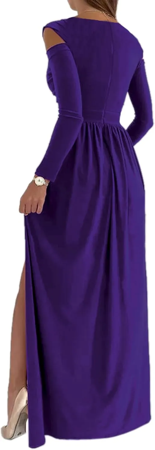 Women Long Sleeve Slit Maxi Long Dresses Deep V Neck Cold Shoulder Dress for Women Casual Fall Winter Evening Date
