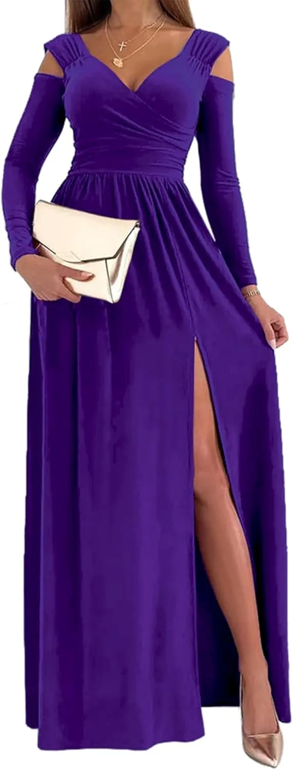 Women Long Sleeve Slit Maxi Long Dresses Deep V Neck Cold Shoulder Dress for Women Casual Fall Winter Evening Date