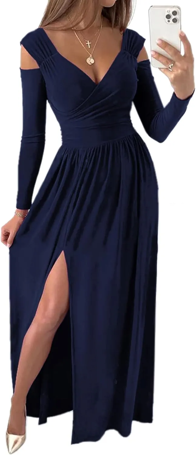 Women Long Sleeve Slit Maxi Long Dresses Deep V Neck Cold Shoulder Dress for Women Casual Fall Winter Evening Date