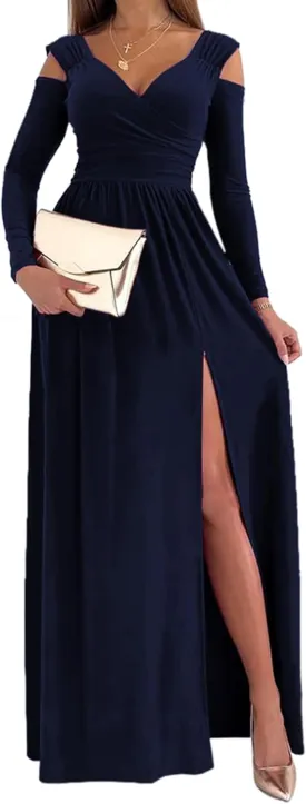 Women Long Sleeve Slit Maxi Long Dresses Deep V Neck Cold Shoulder Dress for Women Casual Fall Winter Evening Date