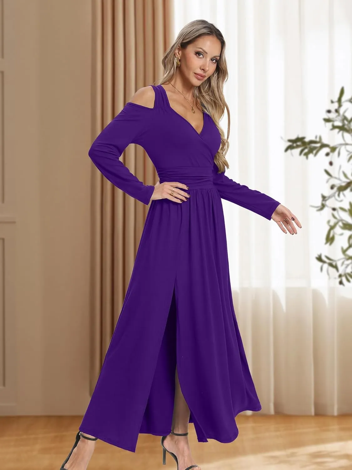 Women Long Sleeve Slit Maxi Long Dresses Deep V Neck Cold Shoulder Dress for Women Casual Fall Winter Evening Date