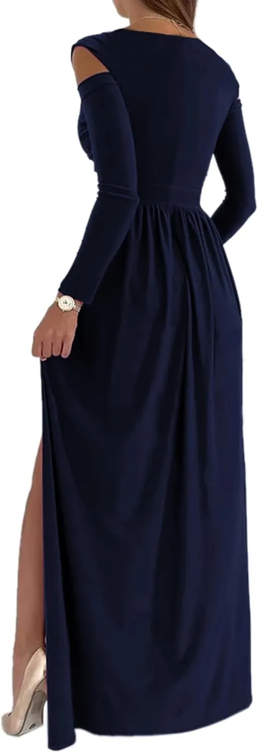 Women Long Sleeve Slit Maxi Long Dresses Deep V Neck Cold Shoulder Dress for Women Casual Fall Winter Evening Date
