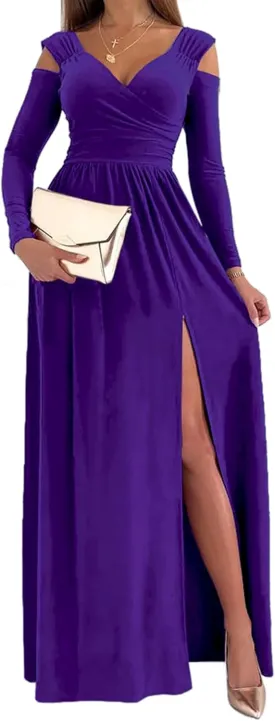 Women Long Sleeve Slit Maxi Long Dresses Deep V Neck Cold Shoulder Dress for Women Casual Fall Winter Evening Date