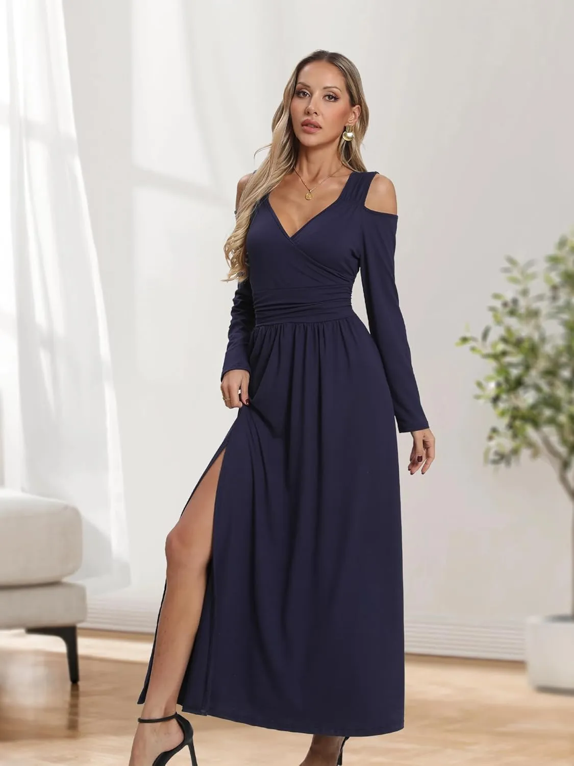 Women Long Sleeve Slit Maxi Long Dresses Deep V Neck Cold Shoulder Dress for Women Casual Fall Winter Evening Date