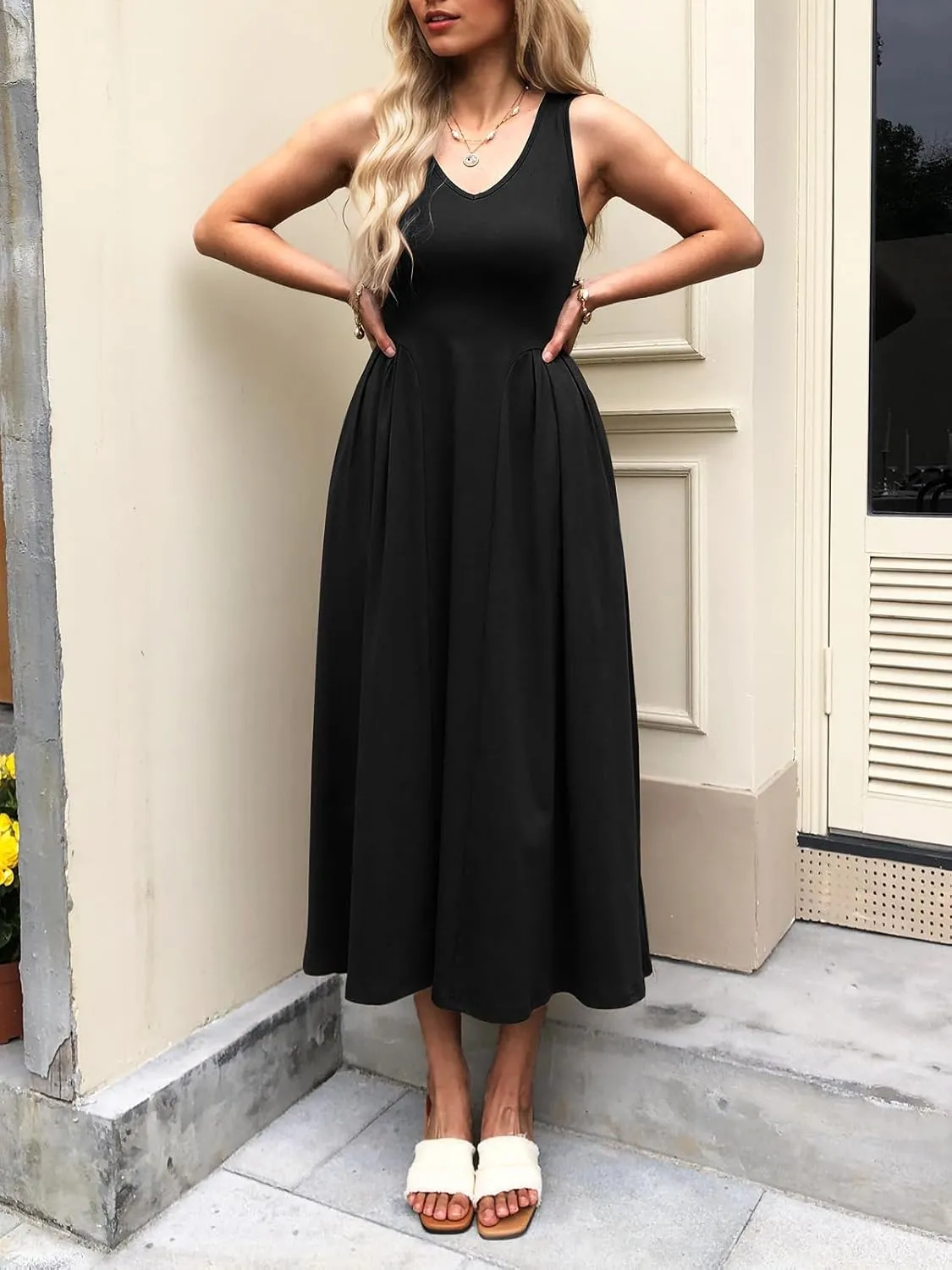 Women Summer Sleeveless Casual Dresses Pleated Waist Elegant Midi A-Line Flowy Swing Dress Sundress with Pockets