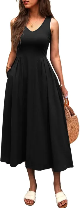 Women Summer Sleeveless Casual Dresses Pleated Waist Elegant Midi A-Line Flowy Swing Dress Sundress with Pockets
