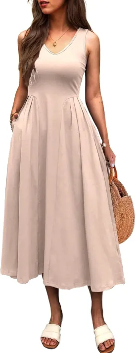Women Summer Sleeveless Casual Dresses Pleated Waist Elegant Midi A-Line Flowy Swing Dress Sundress with Pockets