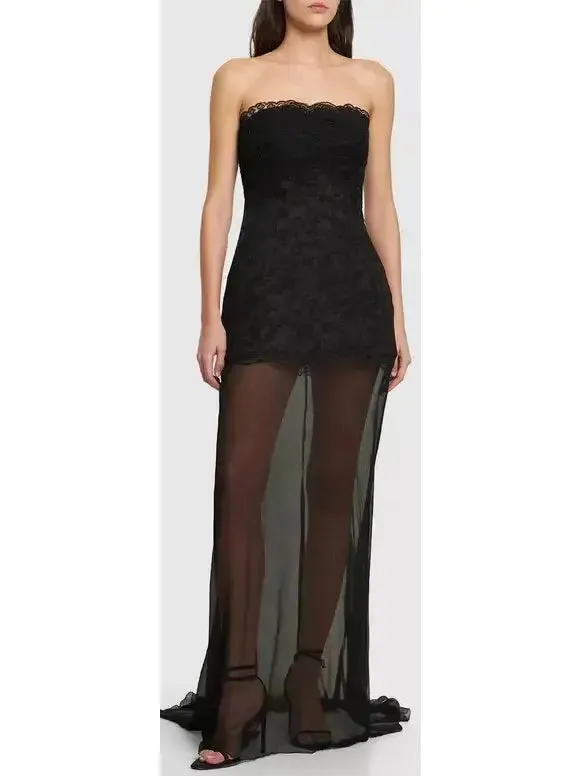 Women’s Black Lace & Tulle Strapless Long Gown