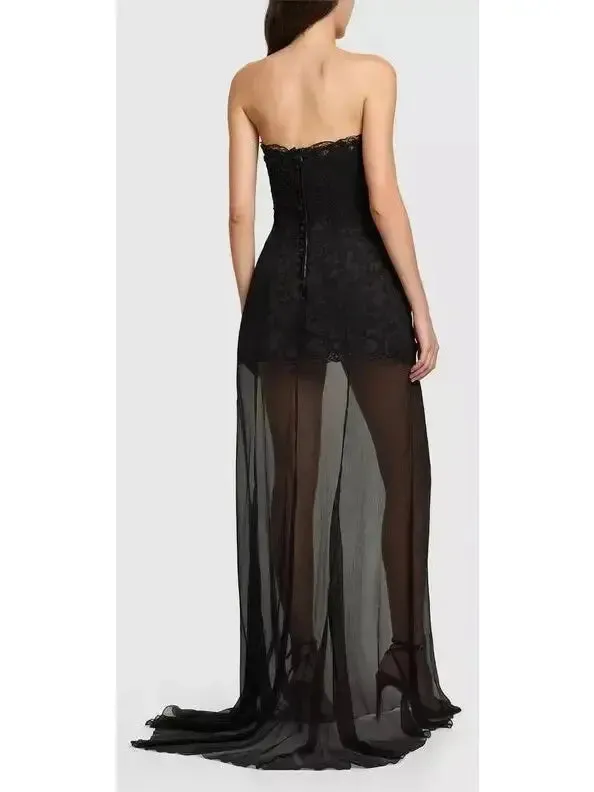 Women’s Black Lace & Tulle Strapless Long Gown