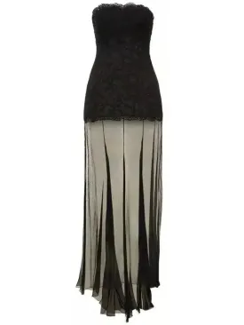 Women’s Black Lace & Tulle Strapless Long Gown