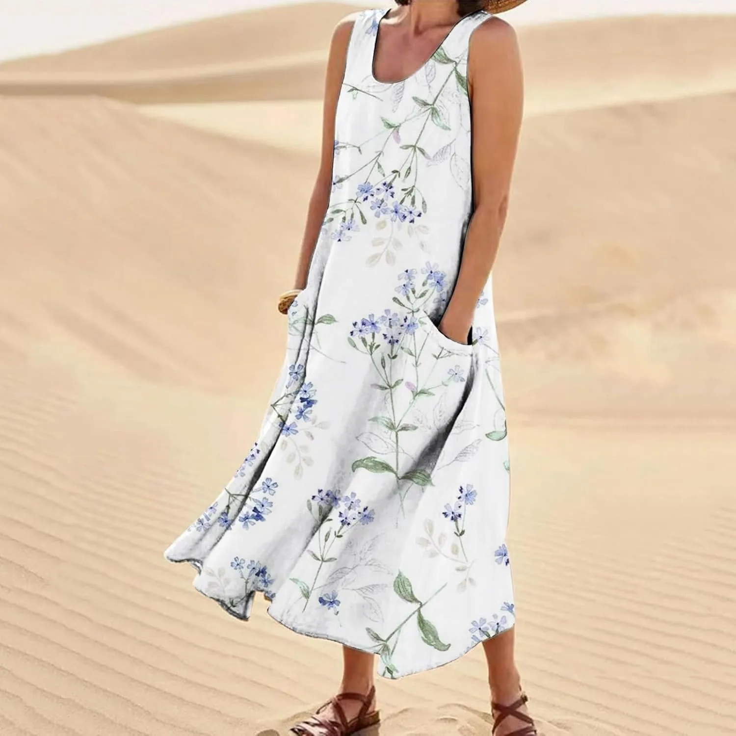 Womens Boho Dresses Sleeveless Floral Midi Dresses V-Neck Dress A Line Casual Flowy Beach Dress with Pocket for Women