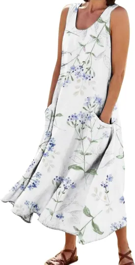 Womens Boho Dresses Sleeveless Floral Midi Dresses V-Neck Dress A Line Casual Flowy Beach Dress with Pocket for Women