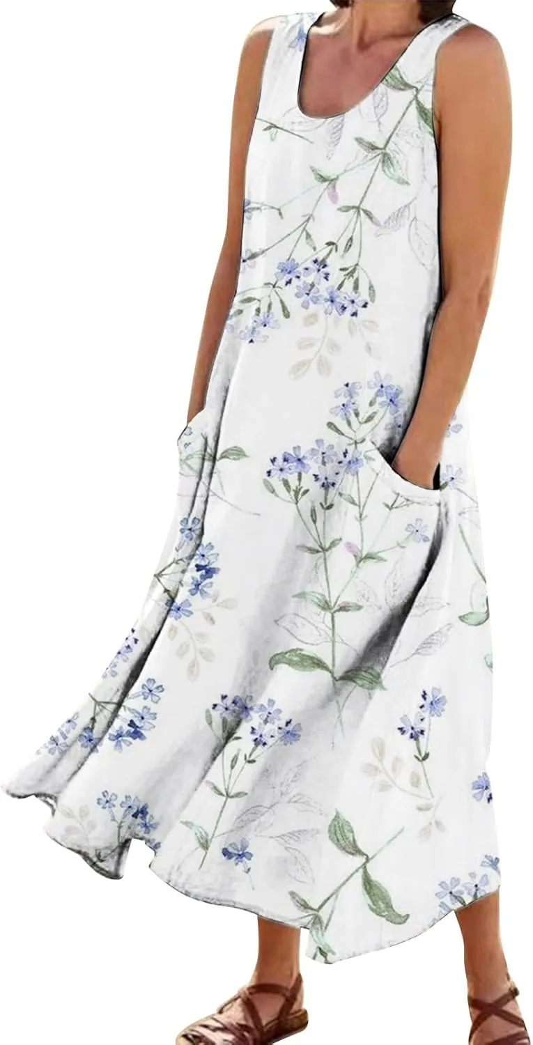 Womens Boho Dresses Sleeveless Floral Midi Dresses V-Neck Dress A Line Casual Flowy Beach Dress with Pocket for Women