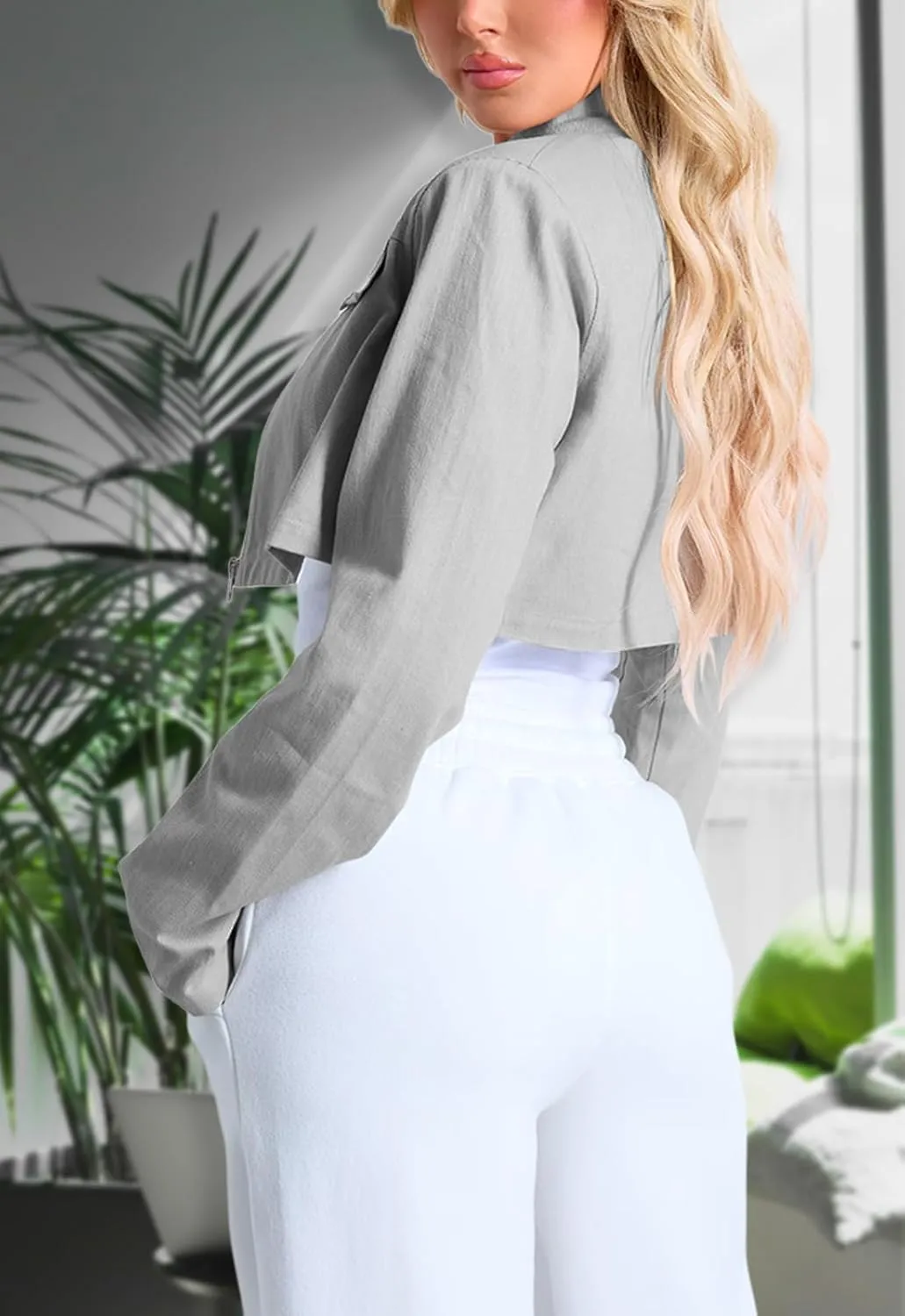 Women's Long Sleeve Lapel Collar Zip Up Cropped Casual Jacket with Decorative Front Chest Pockets