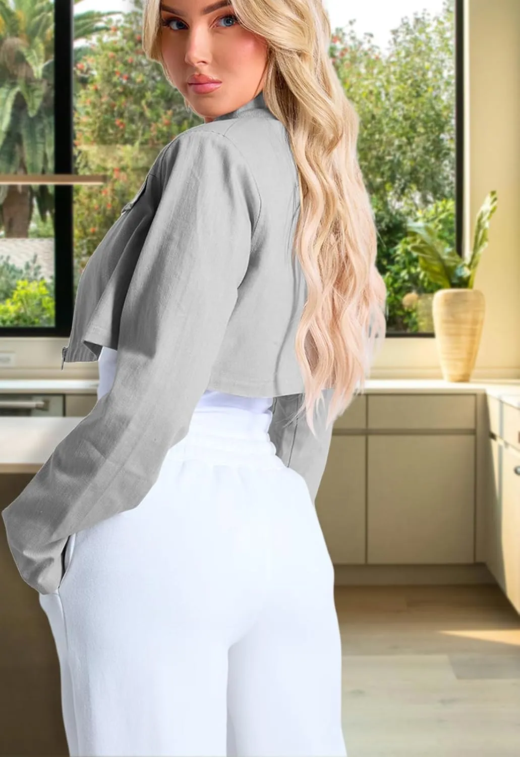 Women's Long Sleeve Lapel Collar Zip Up Cropped Casual Jacket with Decorative Front Chest Pockets