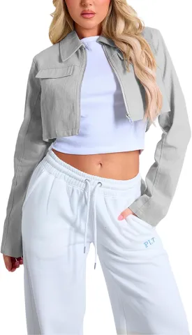 Women's Long Sleeve Lapel Collar Zip Up Cropped Casual Jacket with Decorative Front Chest Pockets
