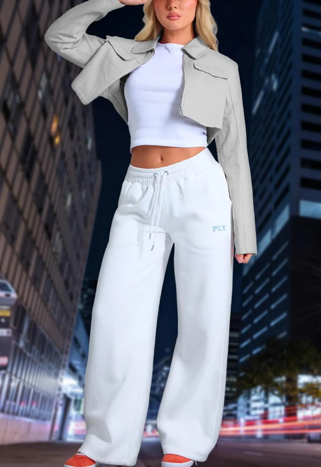 Women's Long Sleeve Lapel Collar Zip Up Cropped Casual Jacket with Decorative Front Chest Pockets
