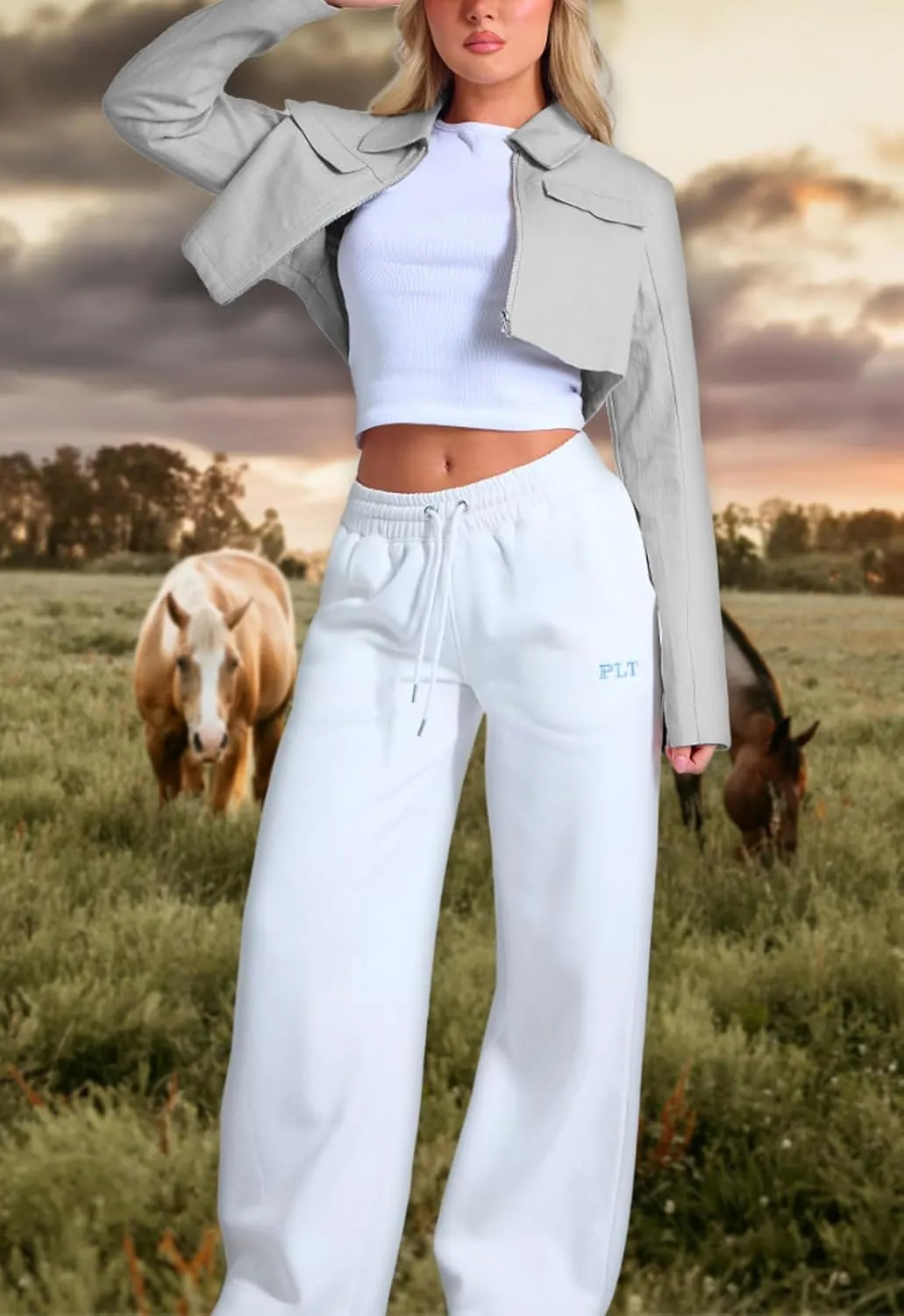 Women's Long Sleeve Lapel Collar Zip Up Cropped Casual Jacket with Decorative Front Chest Pockets