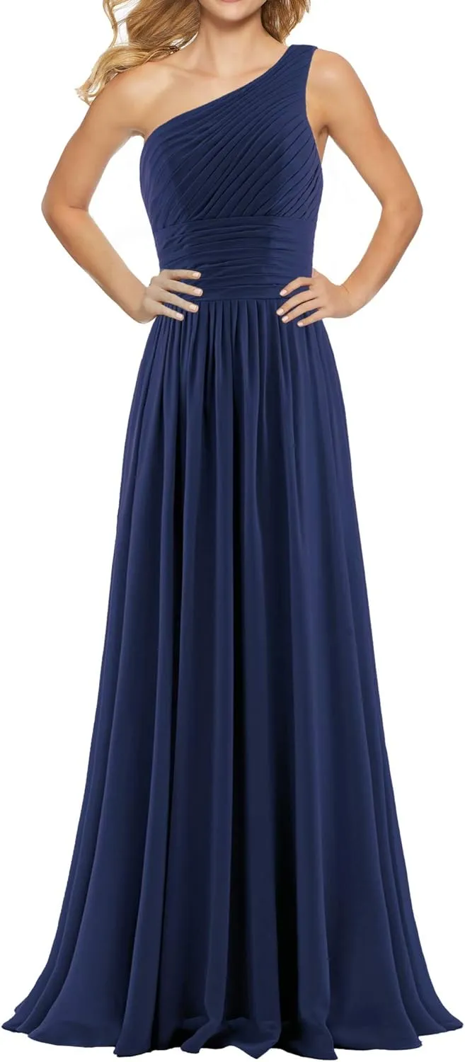 Women's Pleat Chiffon One Shoulder Bridesmaid Dresses Long Evening Dress Formal Wedding Party Dress