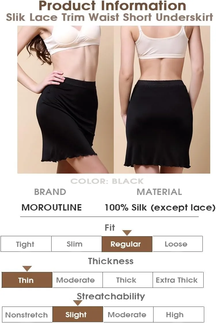 Women's Silk Half Slip Lace Trim Waist Short Underskirt Anti Cling Seamless Under Dress