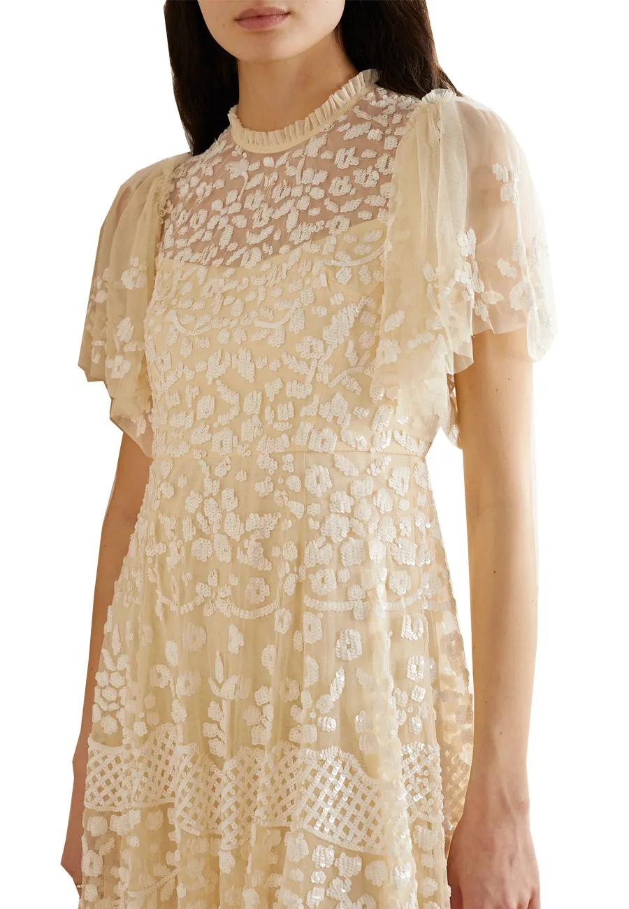 Yellow Honesty Embellished Sequins Flutter Sleeves Mini Dress (UK 10)