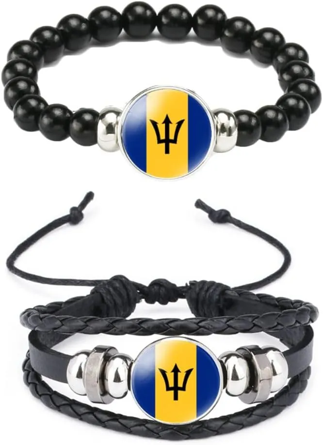 Ykonuyis National Flag Metal Black Beaded Elastic Rope Bracelet and Alloy Leather Braided Rope Bracelet Bangl for Men Women Support your country