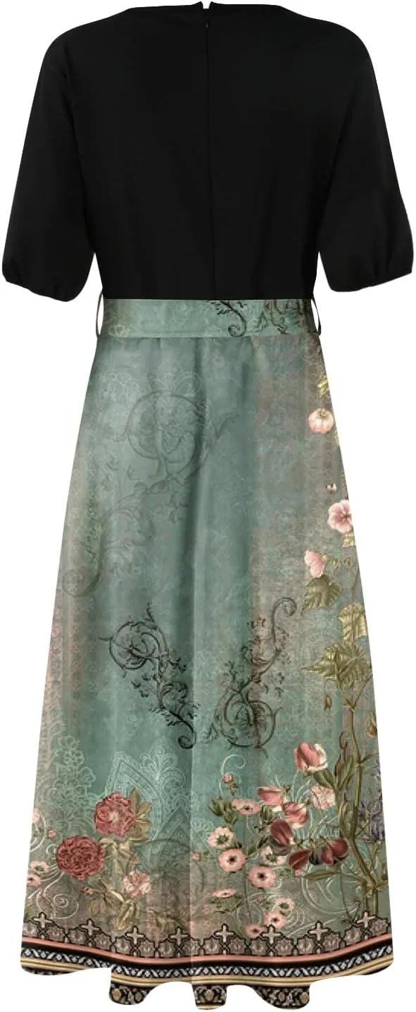 ZEFOTIM Long Flowy Dresses for Women Party Floral Dress Short Sleeve V Neck Dresses with Slit