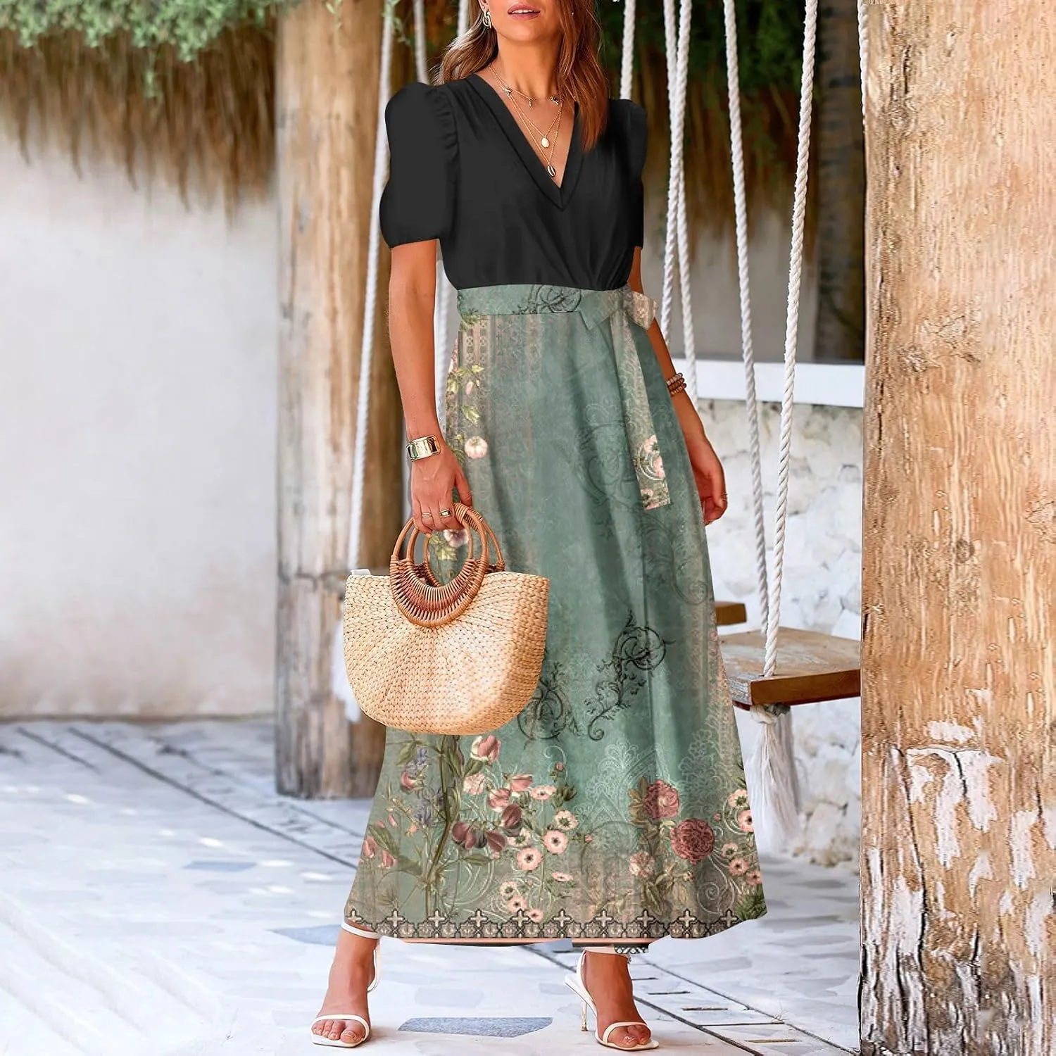 ZEFOTIM Long Flowy Dresses for Women Party Floral Dress Short Sleeve V Neck Dresses with Slit