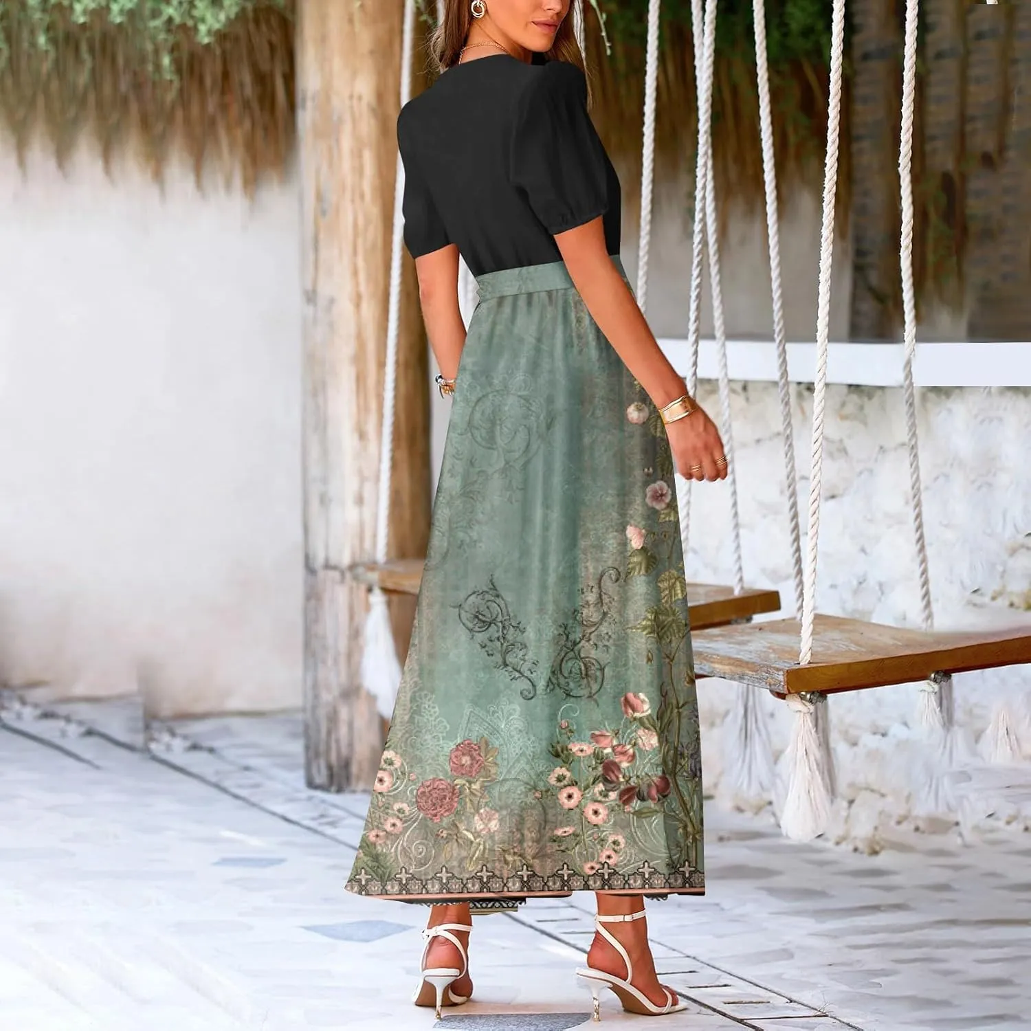 ZEFOTIM Long Flowy Dresses for Women Party Floral Dress Short Sleeve V Neck Dresses with Slit