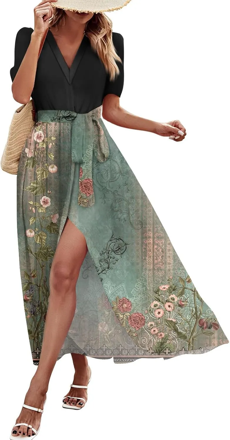 ZEFOTIM Long Flowy Dresses for Women Party Floral Dress Short Sleeve V Neck Dresses with Slit