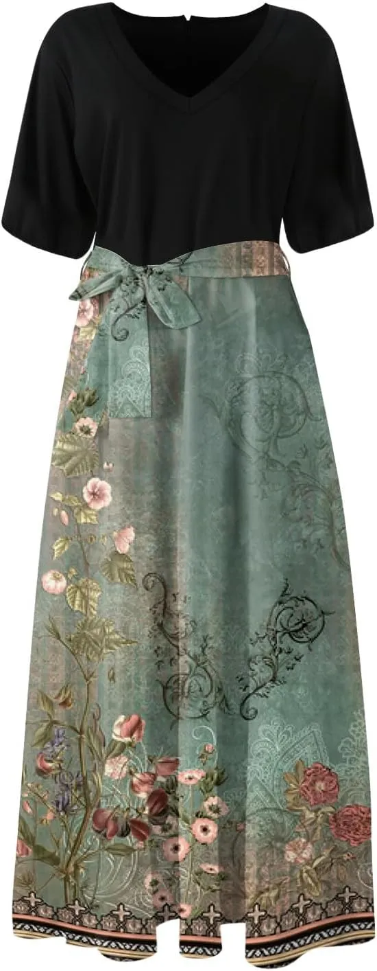 ZEFOTIM Long Flowy Dresses for Women Party Floral Dress Short Sleeve V Neck Dresses with Slit
