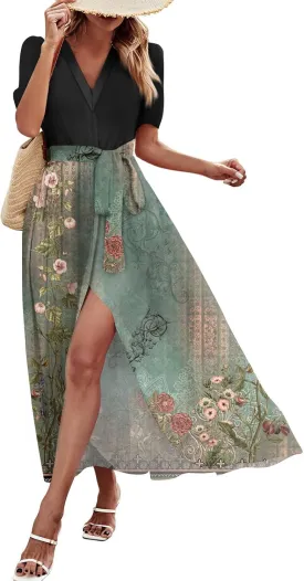 ZEFOTIM Long Flowy Dresses for Women Party Floral Dress Short Sleeve V Neck Dresses with Slit